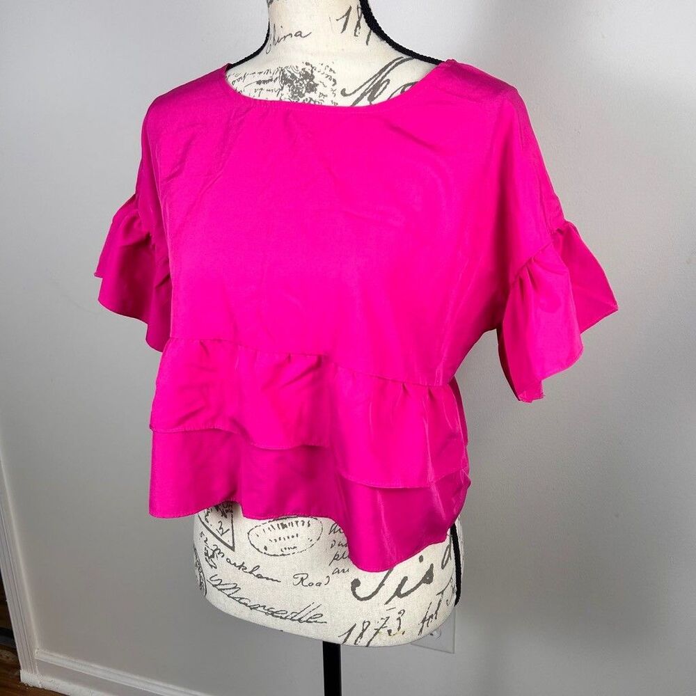 Shein Womens Hot Pink Ruffle Blouse Medium Short Sleeve Tiered Peplum Crop Top - Picture 2 of 8